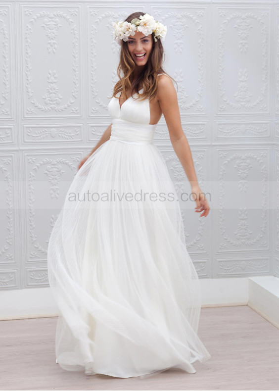 Ivory Pleated Tulle Backless Long Sexy Wedding Dress